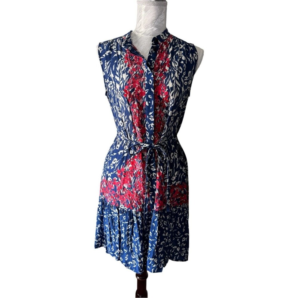 SALONI Silk Blue and Red Floral Tie-Waist Midi Dress